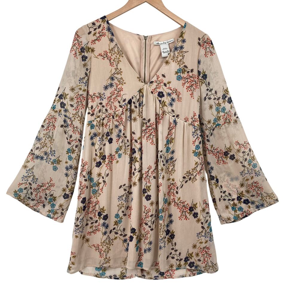 American Rag Cie Womens Medium Floral Bell Sleeve Boho Mini Dress Beige Sheer